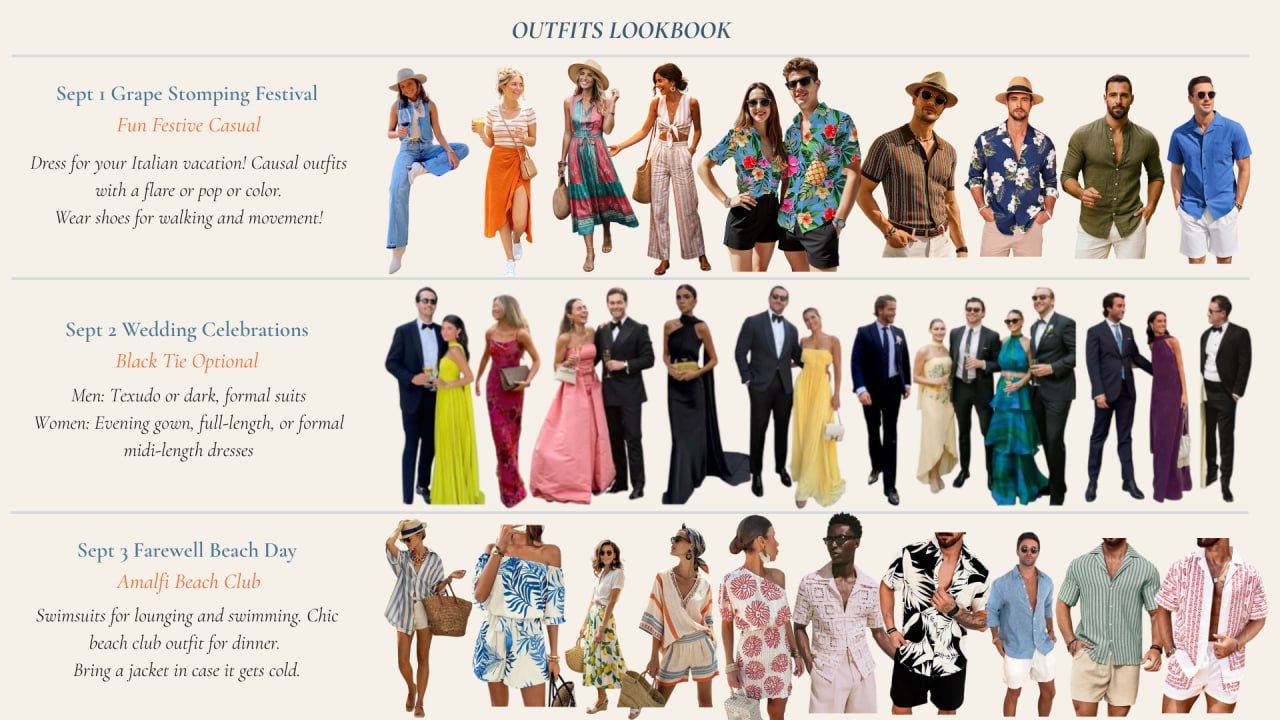 Outfits lookbook for grape stomping, wedding day, and farewell beach day